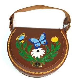Leather Saddle Purse Painted Butterflies Hand Tool